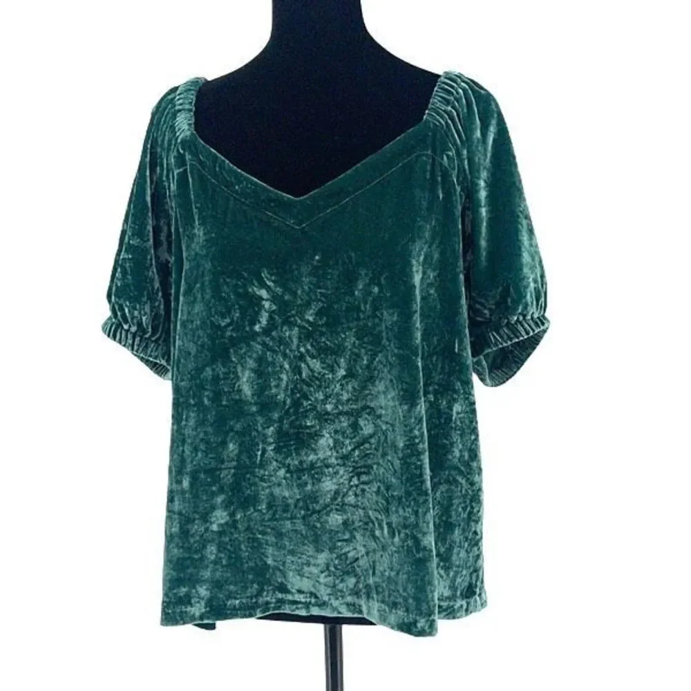 Loft Women's Puff Short Sleeves Sweetheart Neckline Velvet Blouse Top Green Size